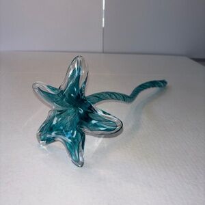 Murano style Lily Flower twisted Stem Glass Hand Blown Blue Green Turquoise
